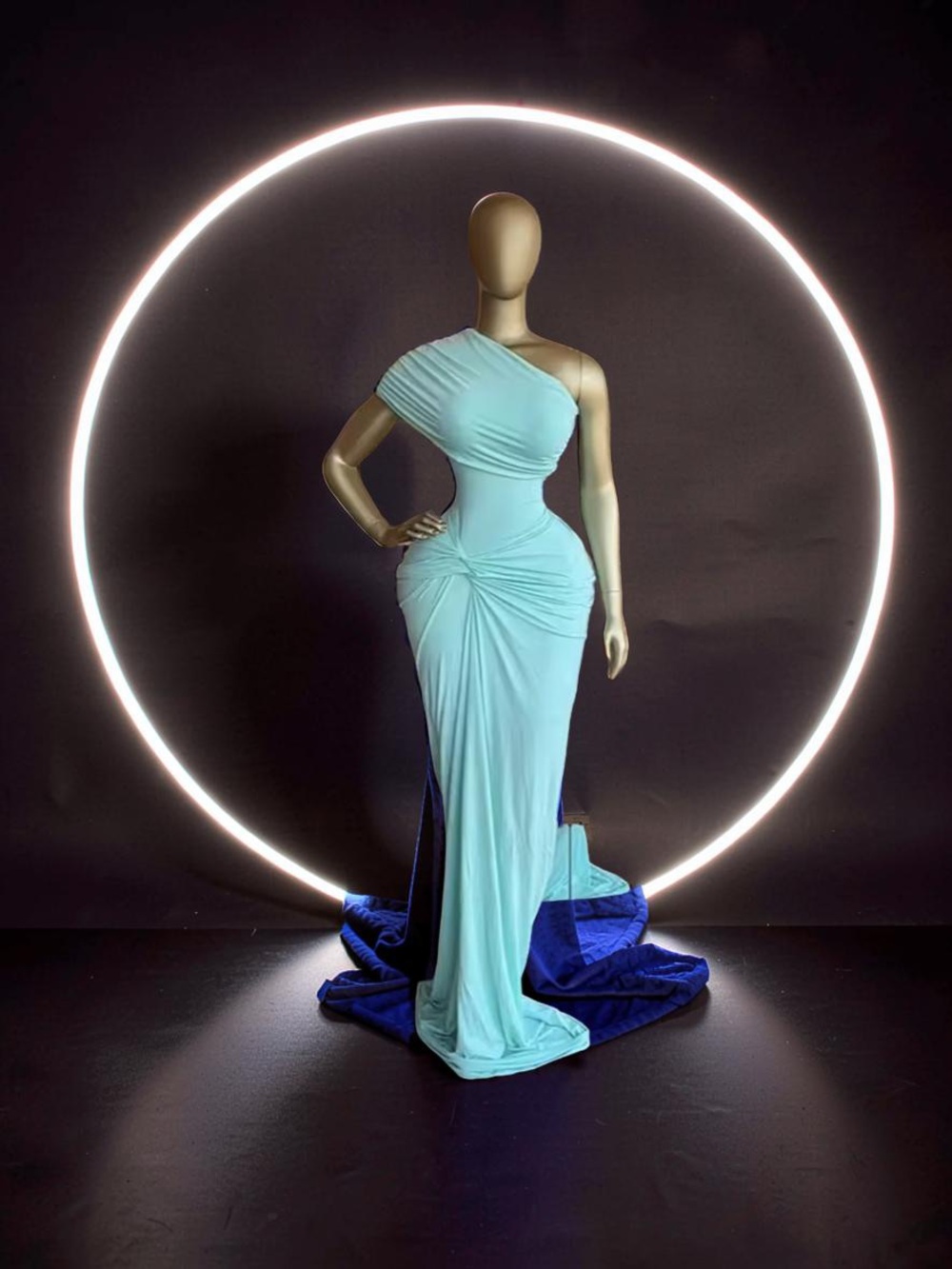 One-Shoulder Aqua Draped Evening Gown - Picture 6 of 11